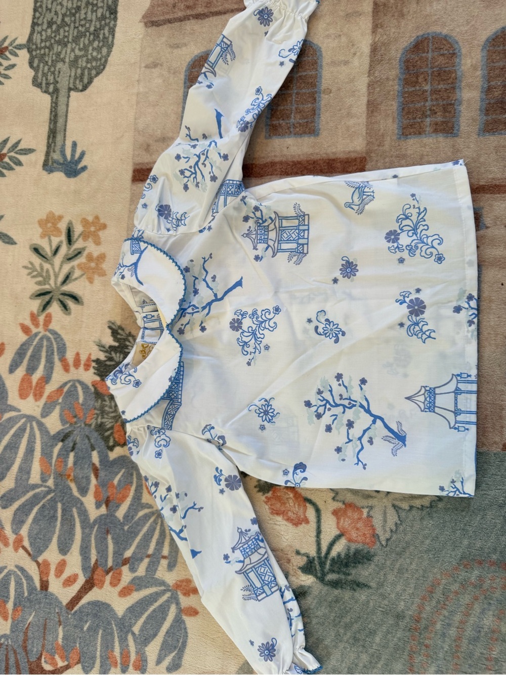The Beaufort Bonnet Company White Top with Blue Pagoda & Floral Print